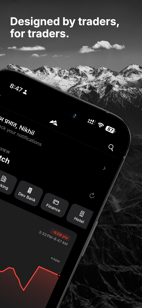 Nepsense stock market app for NEPSE with real time trading data and Himalayan background