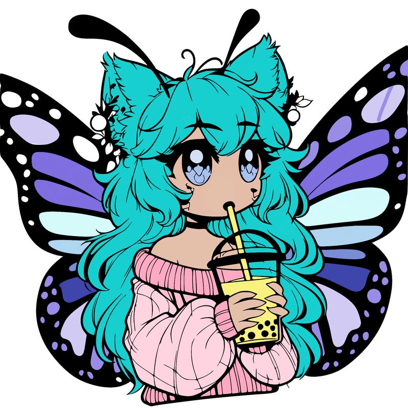 a realistic butterfly/furry girl drinking boba