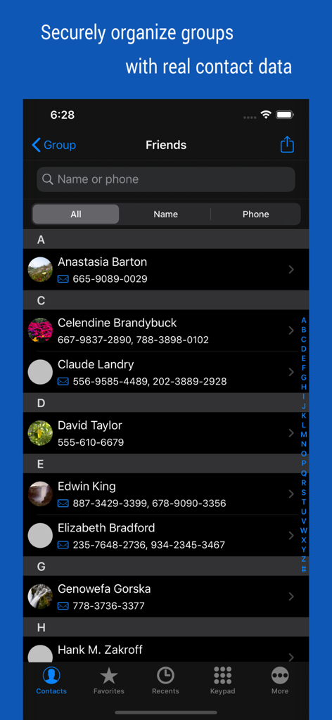 User interface of iContacts plus app displaying a list of contacts categorized in a Friends group.