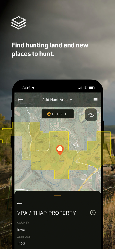 HuntStand app screen showing a topographical map with highlighted hunting property boundaries and acreage information