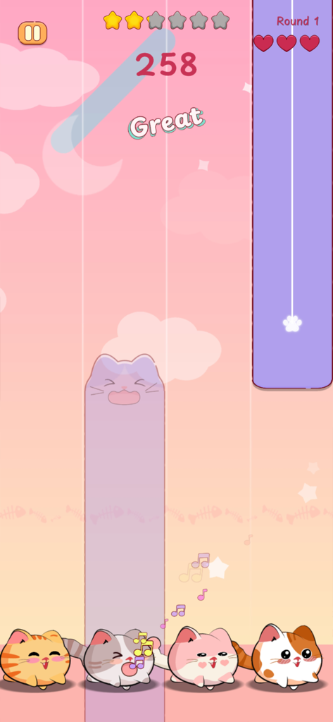 Cats Tiles - ソフトなピンクの背景に可愛い子猫と落ちてくる音符が表示されたキャッツタイルのリズムゲームプレイ画面。