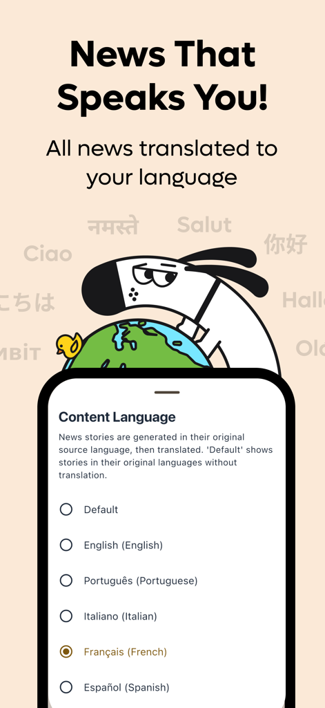 Kagi News app interface for selecting news content translation language