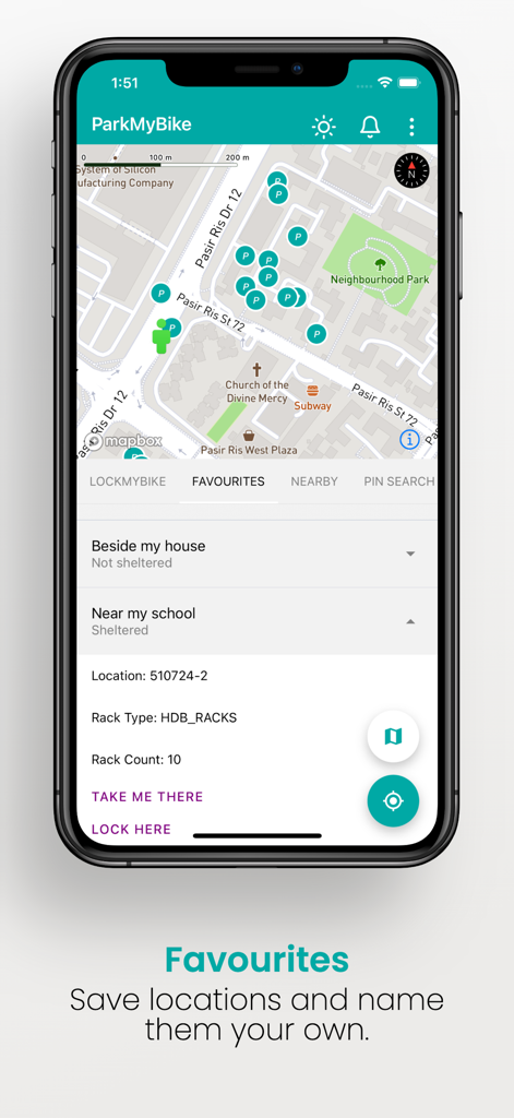 ParkMyBike app interface showing saved bicycle parking locations on a map and list.