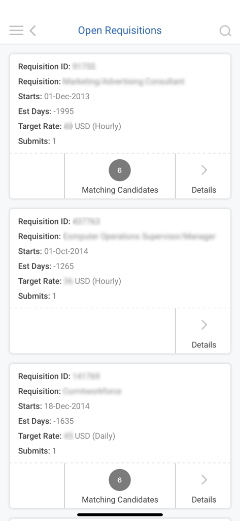 Interface of Workforce Logiq Mobile app displaying a list of open requisitions with candidate matches.