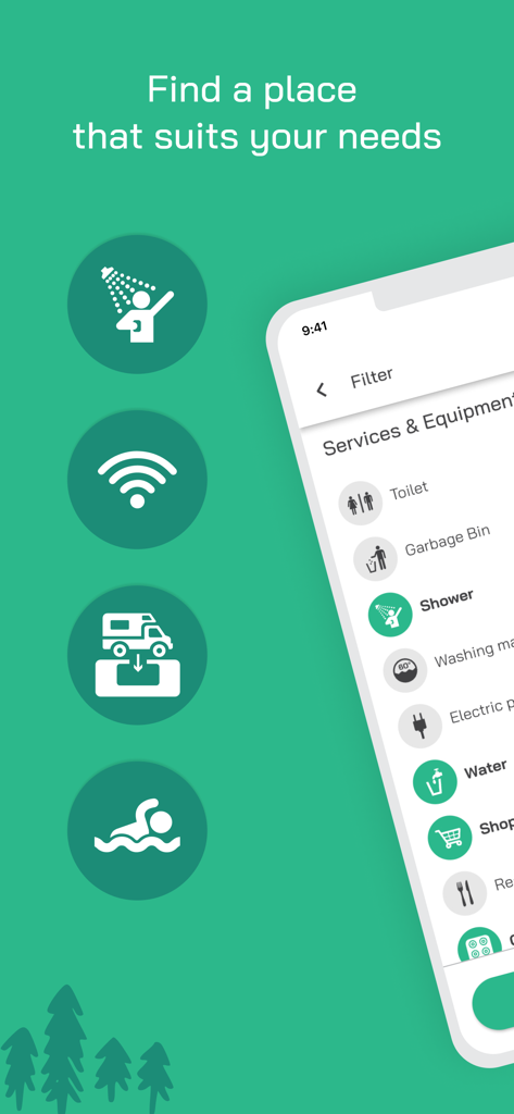 Campersite Norway - Oberfläche der Campersite Norwegen App zum Filtern von Campingplätzen nach Dienstleistungen und Einrichtungen