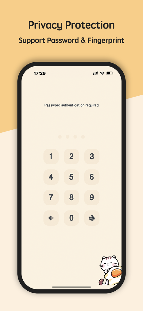 Privacy protection screen of Meow Money Manager showing a password keypad and fingerprint authentication with a cute cat illustration