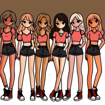 a group of girls wearing crop tops and shorts
