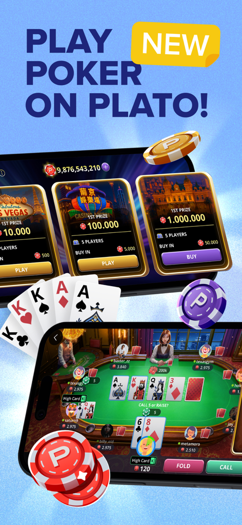 Pantalla de la aplicación Plato que muestra torneos de póker multijugador y una mesa de juego de cartas activa con avatares de jugadores.