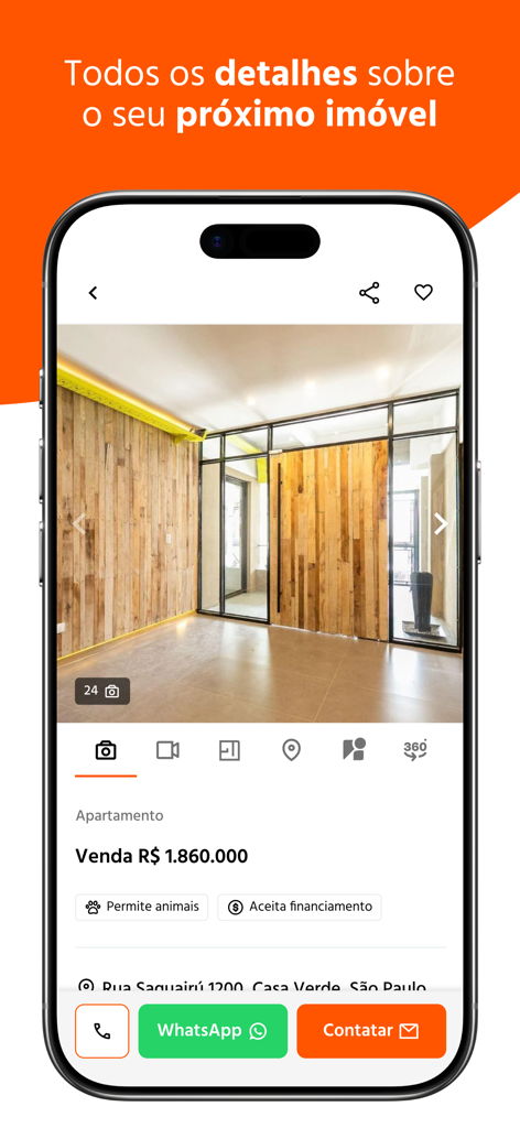 Mobile Bildschirmansicht der Imovelweb-App, die eine detaillierte Wohnungsanzeige mit Immobilienfotos und Kontaktmöglichkeiten zeigt
