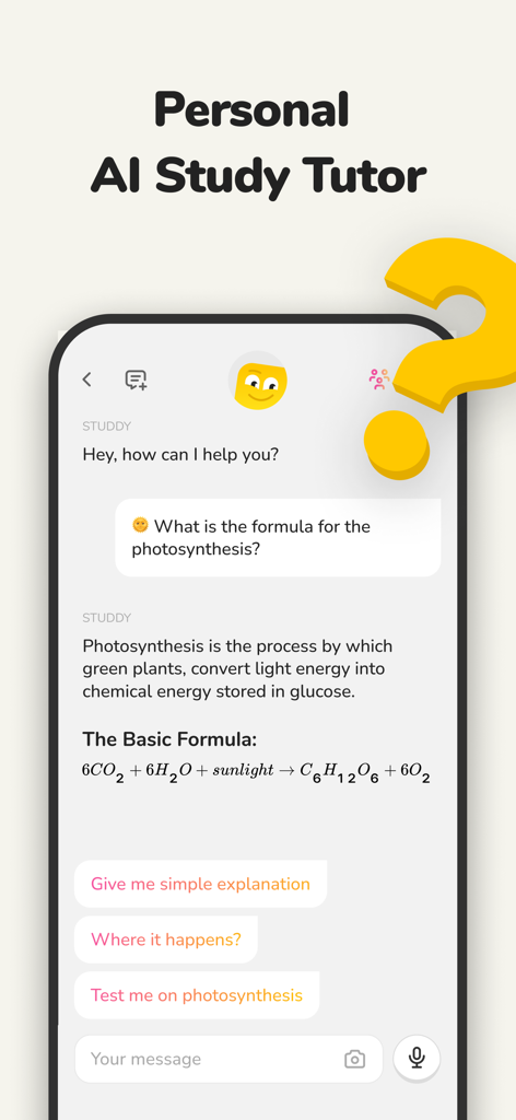 Studdy: AI Tutor & Math Solver - Mobile interface of the Studdy app showing an AI tutor explaining the formula for photosynthesis in a chat window.