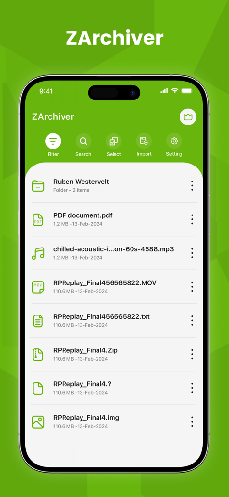 ZArchiver - Interfaccia dell'app ZArchiver che mostra un elenco di file e cartelle su iPhone