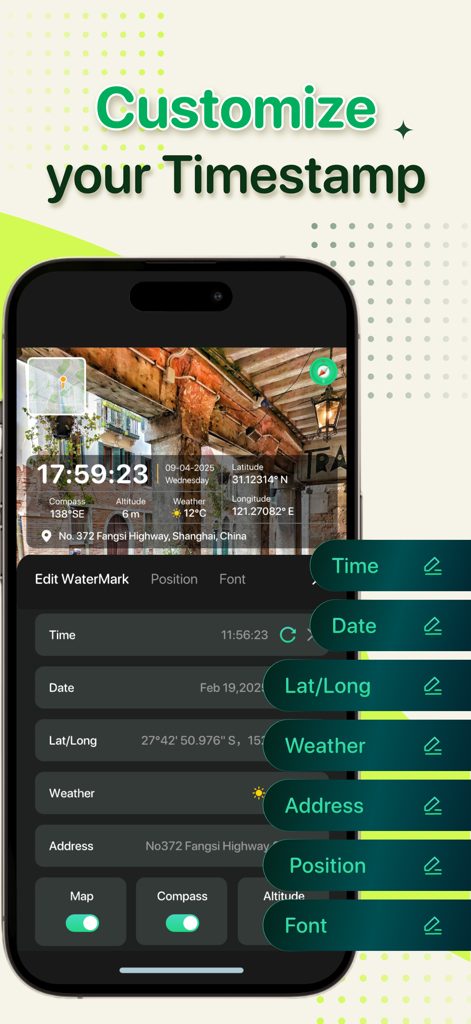 Interface for customizing timestamp watermarks including time date GPS coordinates and weather