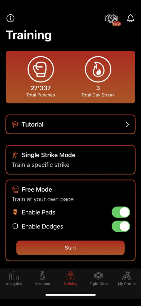 StrikeSensai - Panel de entrenamiento de la aplicación StrikeSensai que muestra el recuento total de puñetazos y la selección del modo de entrenamiento