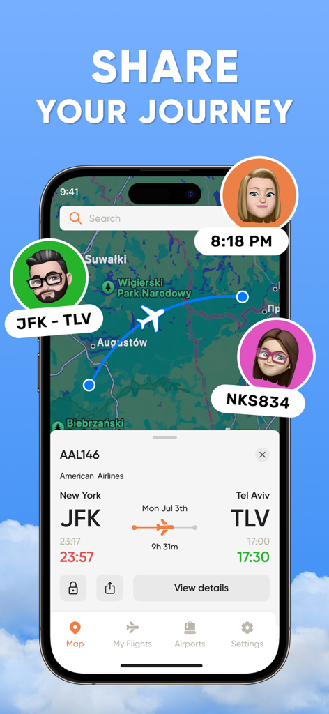 Flight Tracker app interface showing a live map with a flight path from JFK to TLV and social sharing features