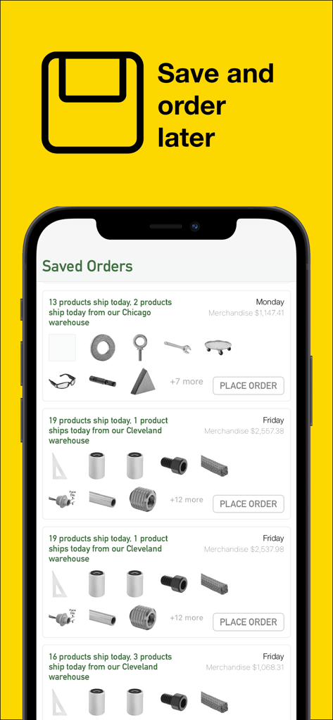 McMaster-Carr - App McMaster-Carr che mostra l'elenco degli ordini salvati con componenti industriali