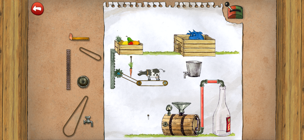 Pettson's Inventions 2 - Hand drawn physics puzzle screen from Pettsons Inventions 2 showing mechanical parts and characters