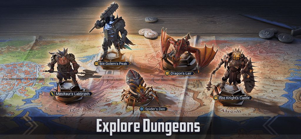 A tabletop style map showing various dungeons and bosses in RAID Shadow Legends