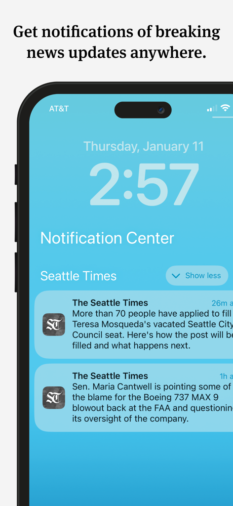 Smartphone lock screen showing breaking news push notifications from the Seattle Times mobile app