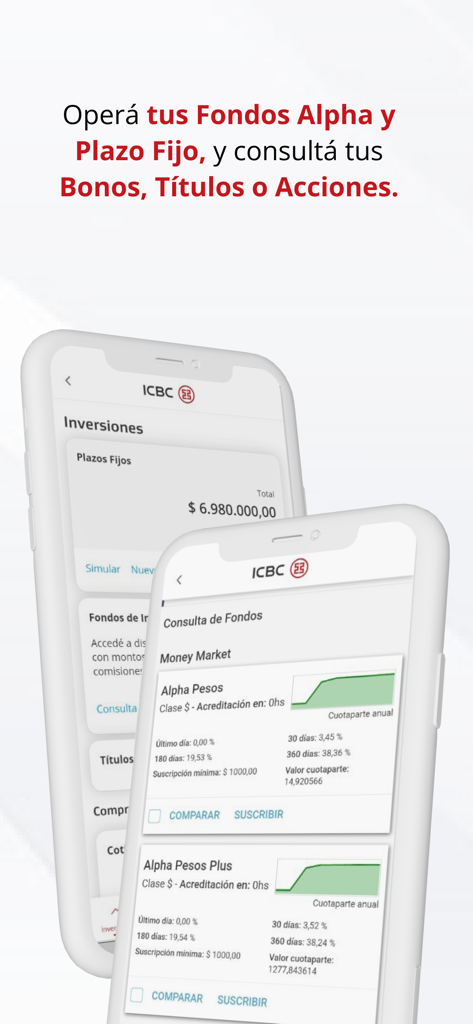 Schermate di investimento di ICBC Mobile Banking Argentina che mostrano la gestione di Alpha Funds e depositi a termine.