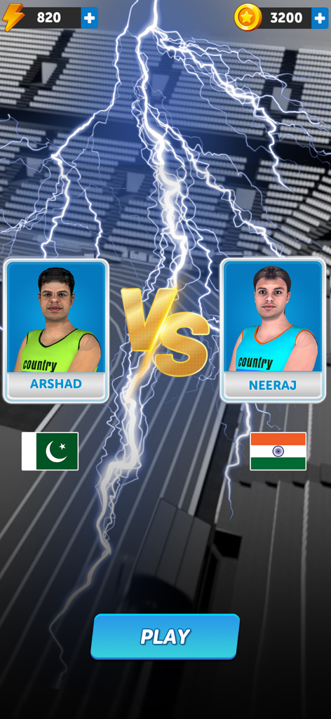 Javelin Throw: Athletics Champ - Matchup screen of Arshad vs Neeraj in Javelin Throw Athletics Champ game featuring Pakistan and India flags
