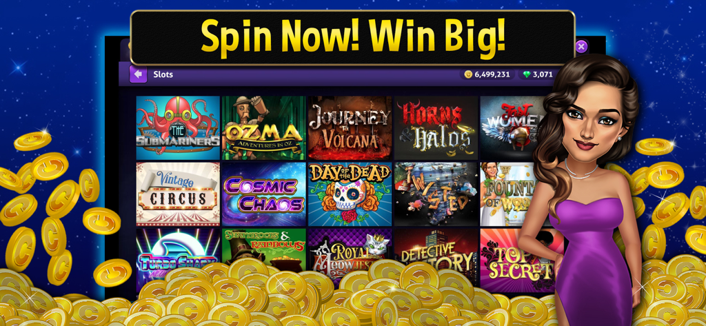 Casino World Slots & Rewards - Un menu de divers jeux de machines à sous thématiques dans Casino World avec un avatar féminin et des pièces d'or