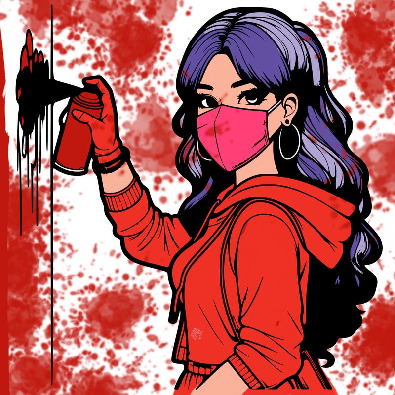 realistic girl with mask spray painting a wall