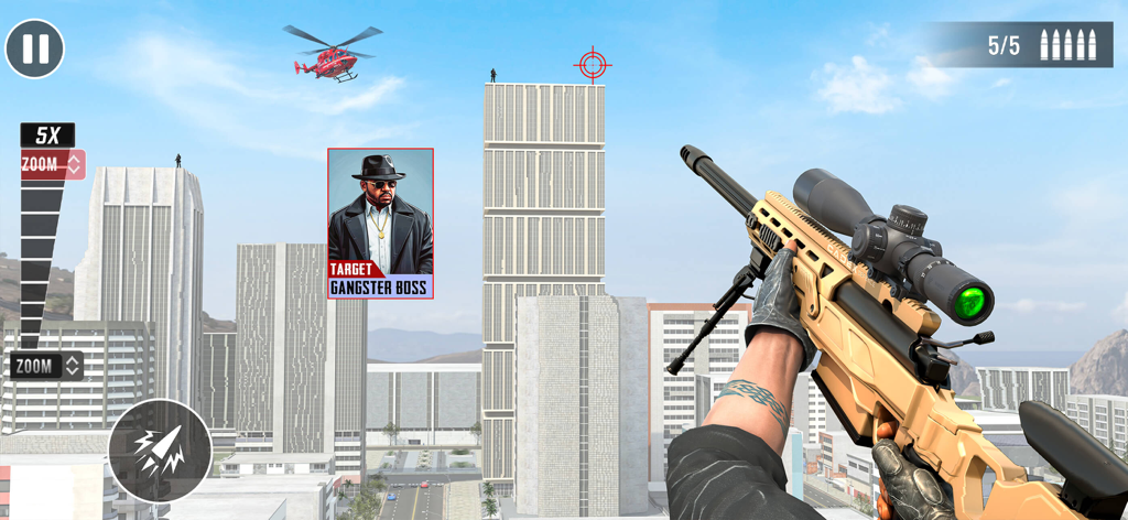Sniper Games - Shooting Games! - First person view of a sniper aiming a rifle at a gangster target in a city
