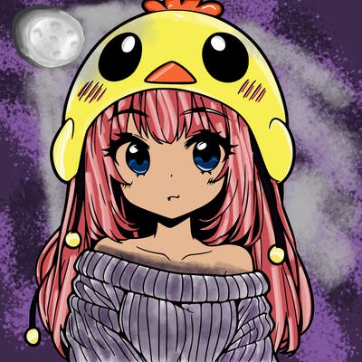 anime girl with chick shaped hat with sweater with bare shoulders with bangs covering them one eye with low tail