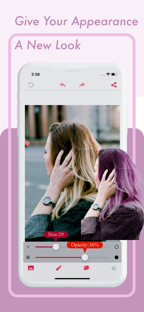 Interfaz de aplicación móvil que muestra una transformación virtual de color de cabello de rubio a morado con herramientas de edición de precisión