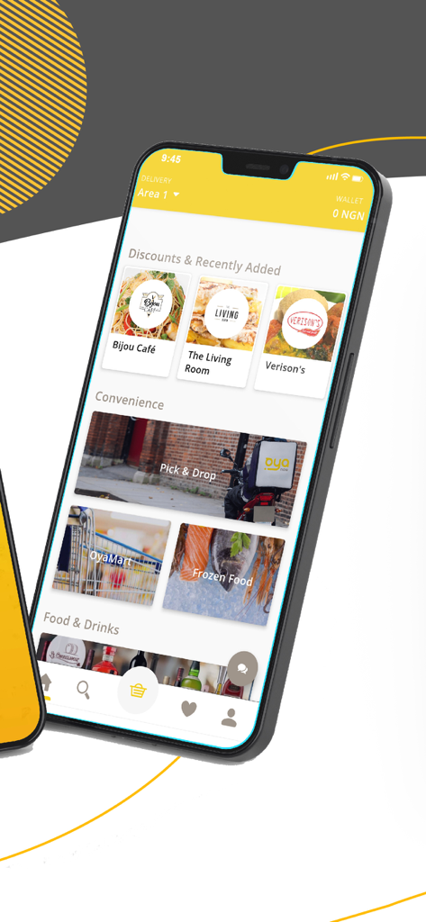 OyaNow app home screen showing food delivery and convenience services in Nigeria