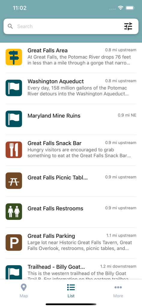 C&O Canal Explorer - A list of points of interest in the C&O Canal Explorer app showing locations near Great Falls including restrooms, parking, and trailheads