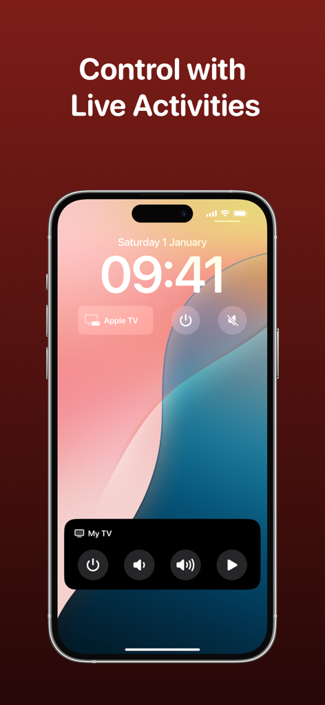 TV Remote - Universal Remote - Tela bloqueada do iPhone mostrando o Live Activities e widgets do aplicativo TV Remote para acesso rápido aos controles da televisão.