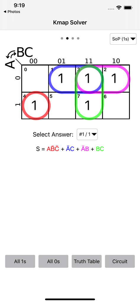 Kmap Solver - A 3-variable Karnaugh map in the Kmap Solver app showing color-coded grouped terms and the simplified Boolean expression.