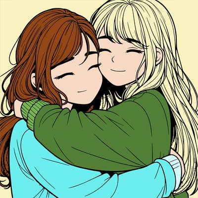realistic two girls hugging