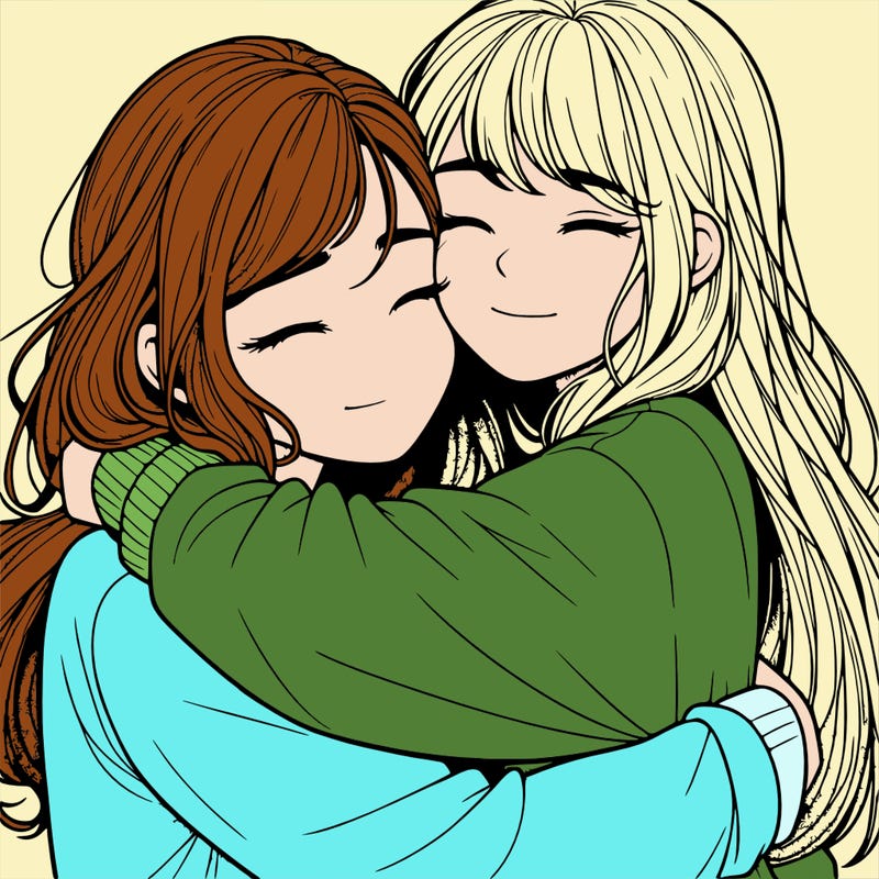 realistic two girls hugging