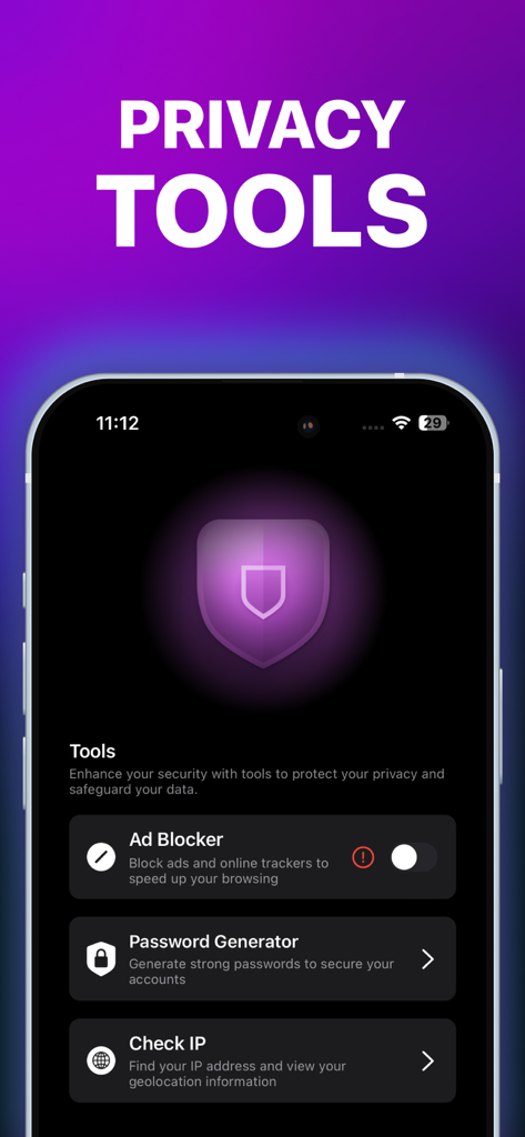 OrNET VPN - OrNET VPN interface displaying additional privacy tools including an Ad Blocker, Password Generator, and IP checker.