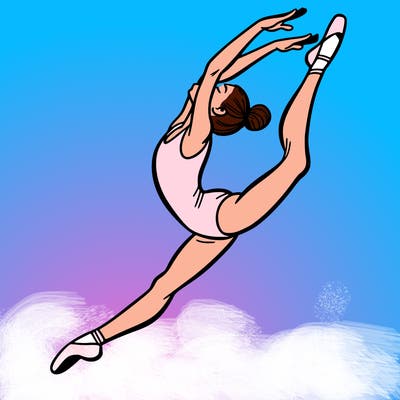 gymnast doing a leap in a leotard with a bent back leg