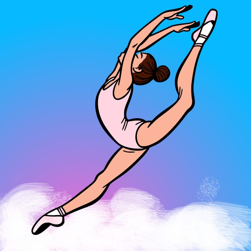 gymnast doing a leap in a leotard with a bent back leg