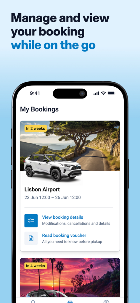 DiscoverCars－Car Rental & Hire - A mobile phone screen showing car rental booking details for Lisbon Airport with options to view details and vouchers