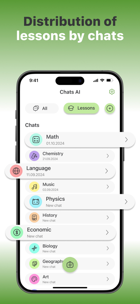 Mobile Benutzeroberfläche eines KI-Hausaufgabenhelfers, die Lernchats zeigt, die nach Schulfächern wie Mathematik, Chemie und Physik organisiert sind