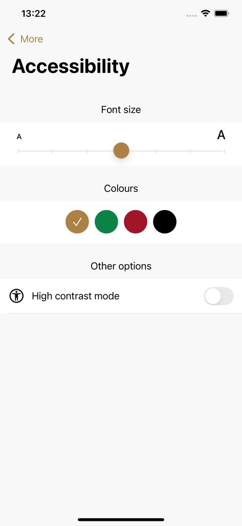 MOHAP - Accessibility settings screen in the MOHAP app showing options for font size, color themes, and high contrast mode.