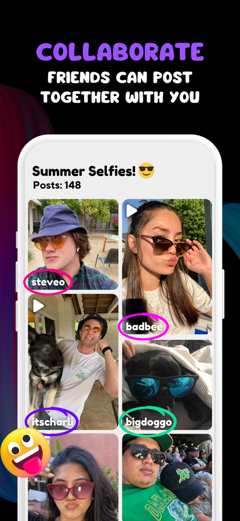 MoodStream app interface showing friends collaborating on a Summer Selfies photo dump