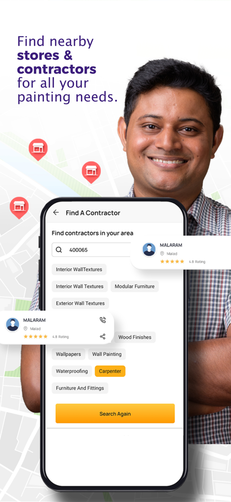 Colour with Asian Paints - Mobile app screen showing a search interface to find local painting contractors and stores