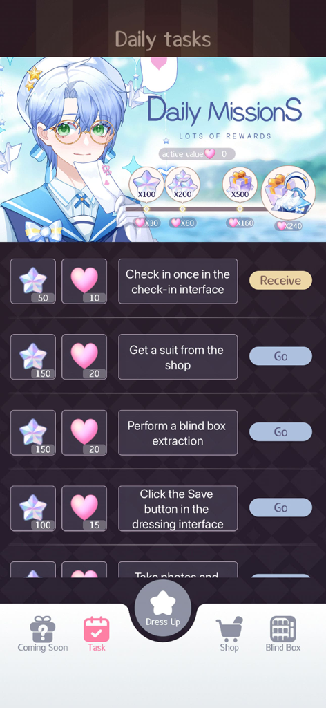 Anime Avatar Maker,Creator - Daily missions screen in Anime Avatar Maker app showing tasks and rewards for character customization items.