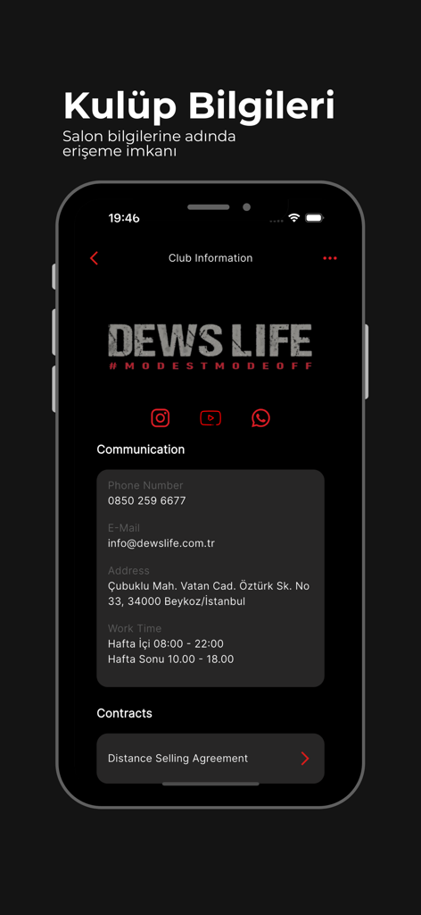 DewsLife - Schermata dello smartphone che visualizza informazioni sul club DewsLife e dettagli di contatto.