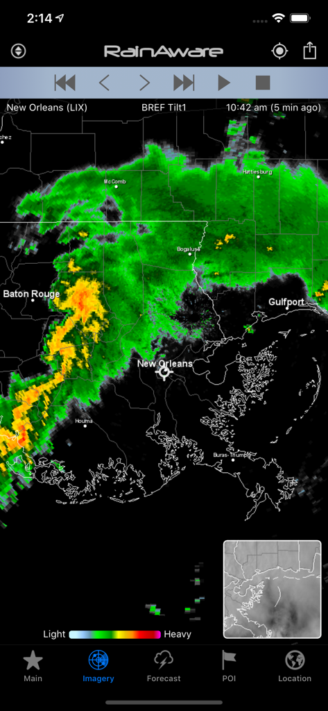 RainAware Weather Timer - Weather radar map on RainAware app showing rain intensity over New Orleans area