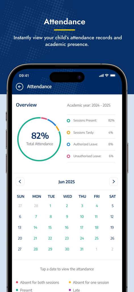 GEMS Connect app interface showing student attendance records with a percentage overview and a monthly calendar tracker.