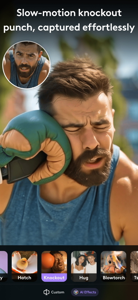 LTX Buzz app interface showing an AI slow motion knockout punch effect applied to a man
