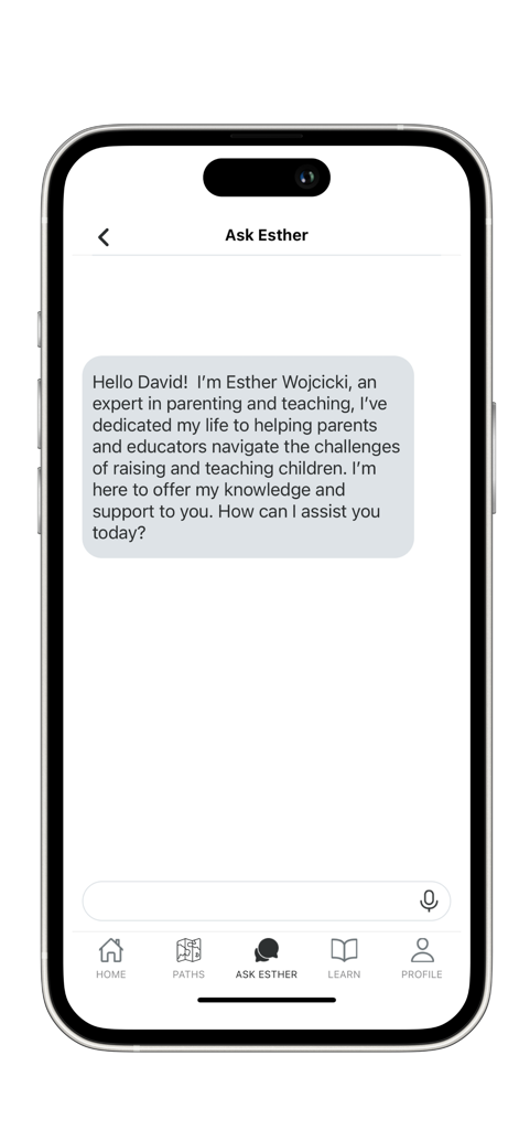 Parenting TRICK - Chat interface of the Parenting TRICK app showing the Ask Esther feature for expert parenting advice