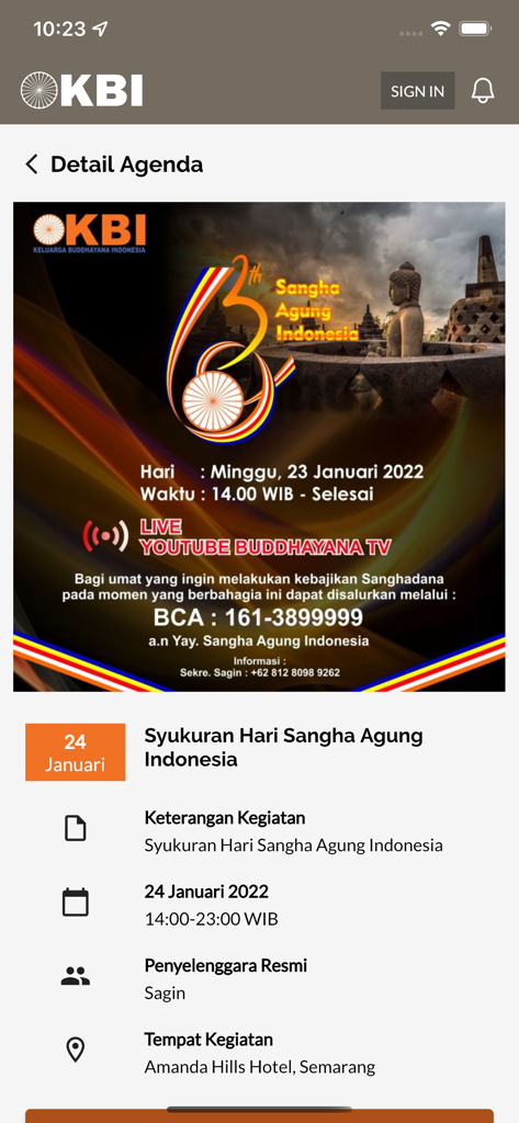 Detailed agenda for a Buddhist religious event on the Buddhayana mobile app.
